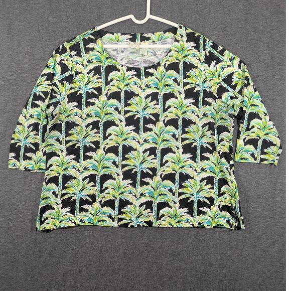 Caribbean Joe Tops - Caribbean Joe Womens Green Palm Tree All Over Print Shirt Tropical Size 2X